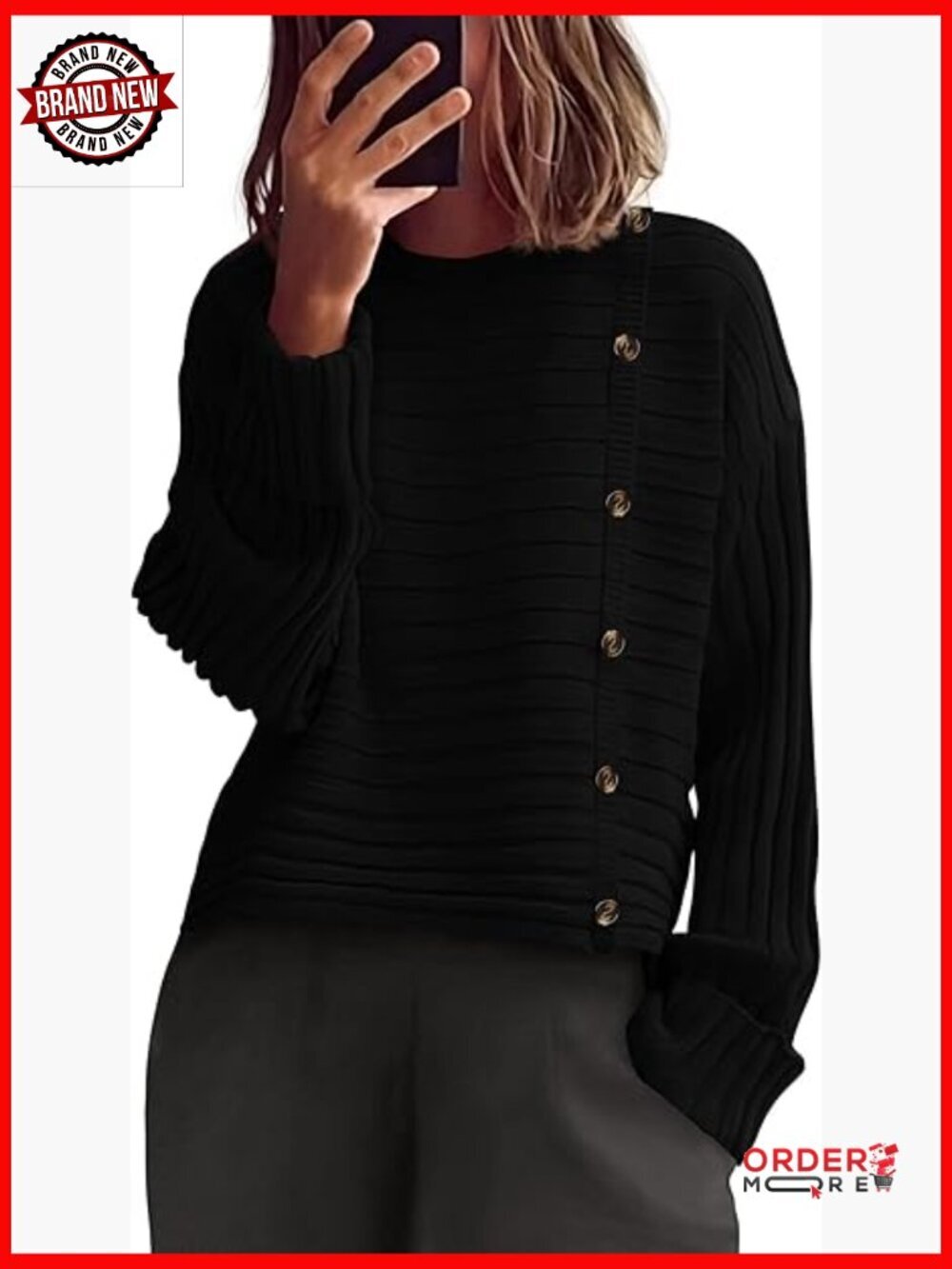 Chunky Knit Pullover Sweater - Long Sleeve Crewneck Button Top